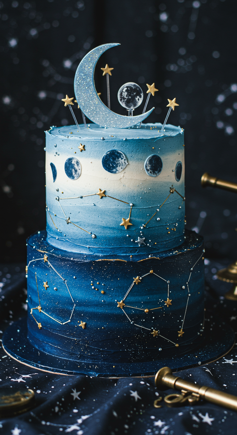 Zweistöckige Galaxy-Torte in Blautönen mit Mond und Sternen.