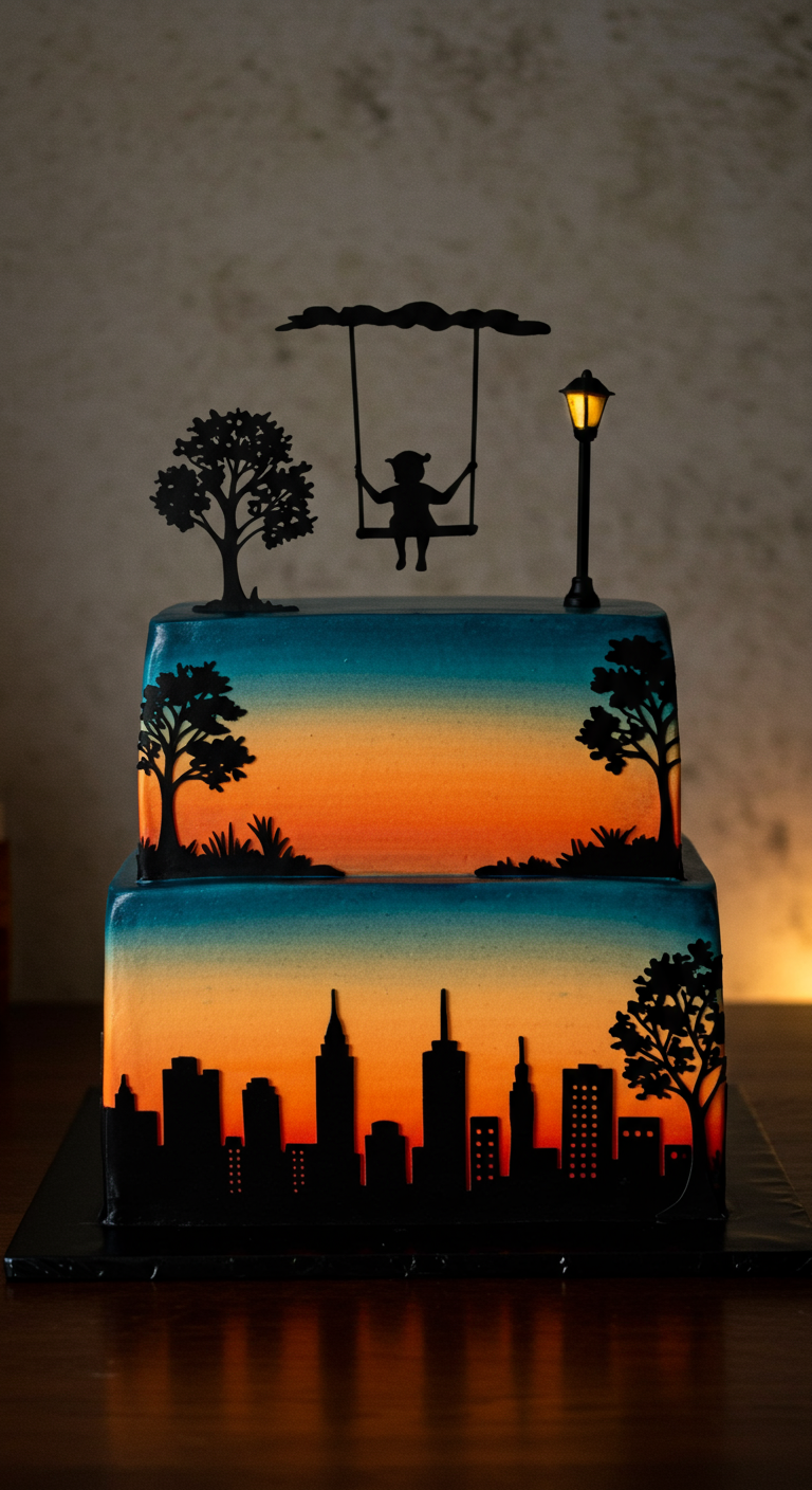 Zweistöckige Torte mit Sonnenuntergangs-Farbverlauf und schwarzen Silhouetten.