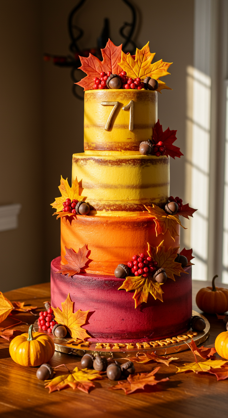 Dreistöckige Torte in Herbstfarben mit Zucker-Herbstblättern, Eicheln und Beeren.