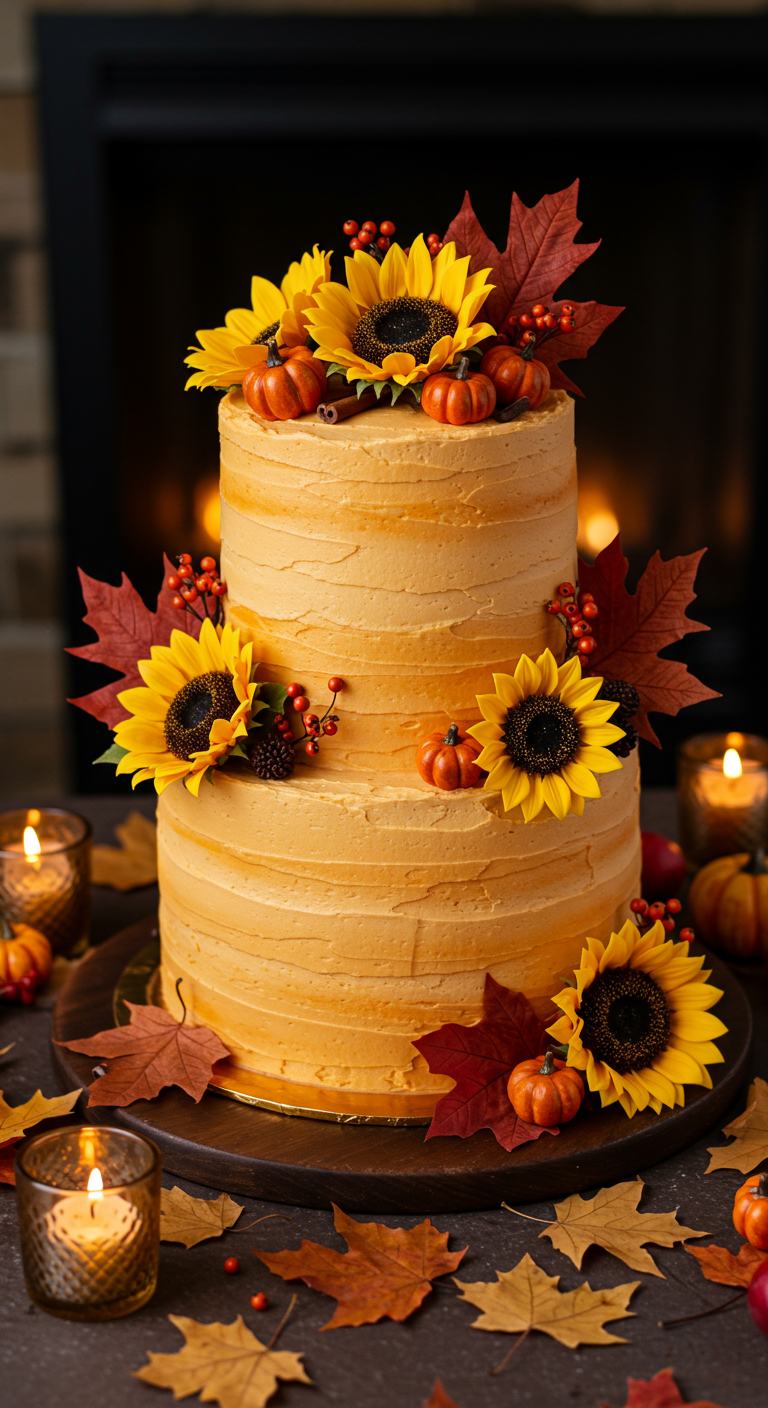 Zweistöckige orangefarbene Torte mit Sonnenblumen, Herbstblättern und Mini-Kürbissen.