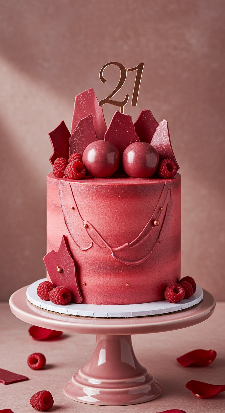 Rote Torte mit Himbeeren, roten Schokosplittern und goldenen Details.
