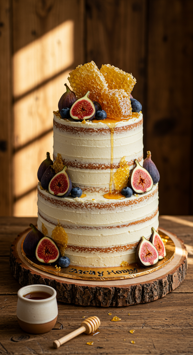 Naked Cake mit Bienenwaben, Feigen, Blaubeeren und Honig.