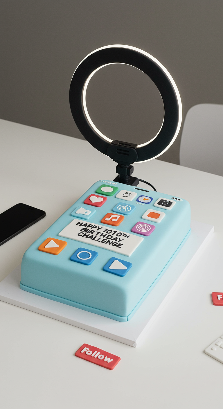 Kuchen in Form eines Smartphones mit App-Icons und einem kleinen Ringlicht als Deko.