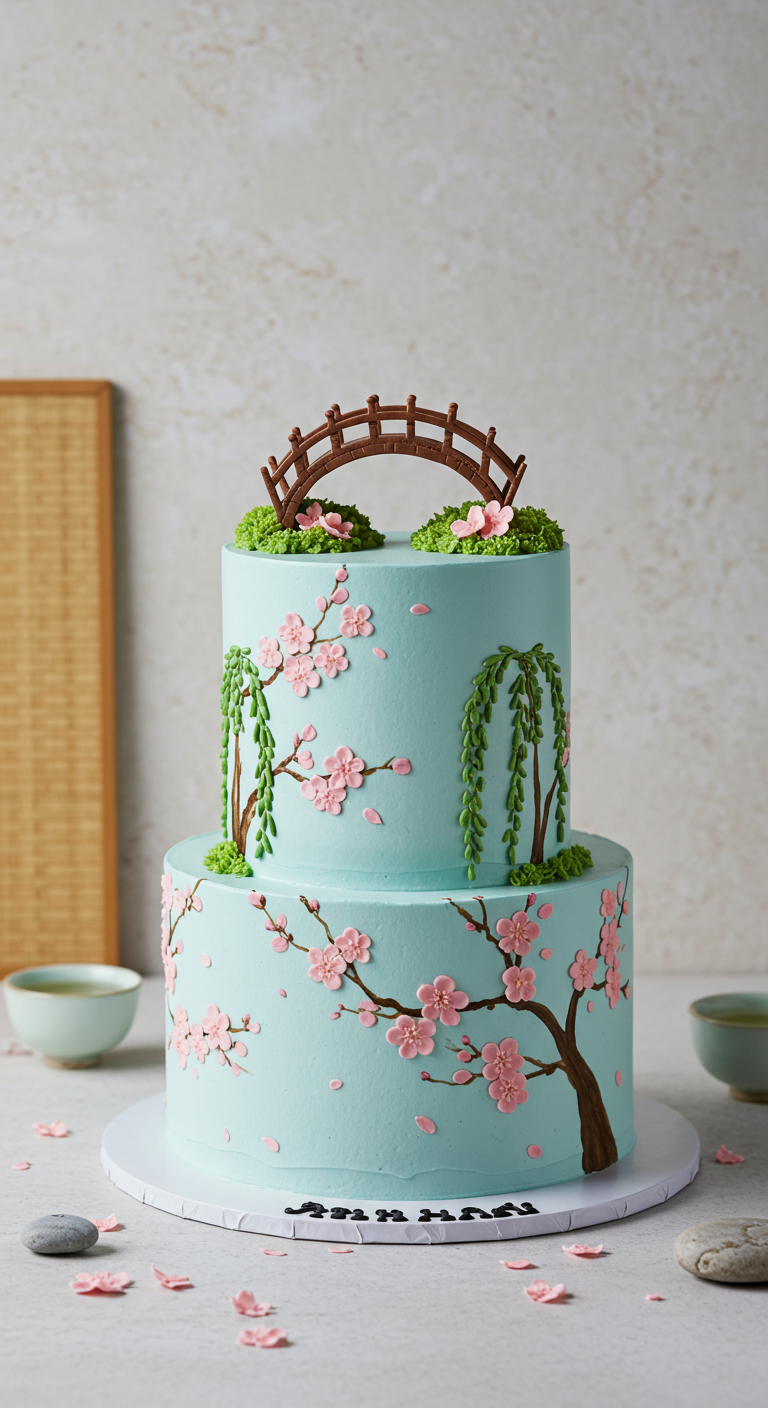 Zweistöckige hellblaue Torte mit aufgemalten Kirschblütenzweigen und einem Schokoladenbrücken-Topper.