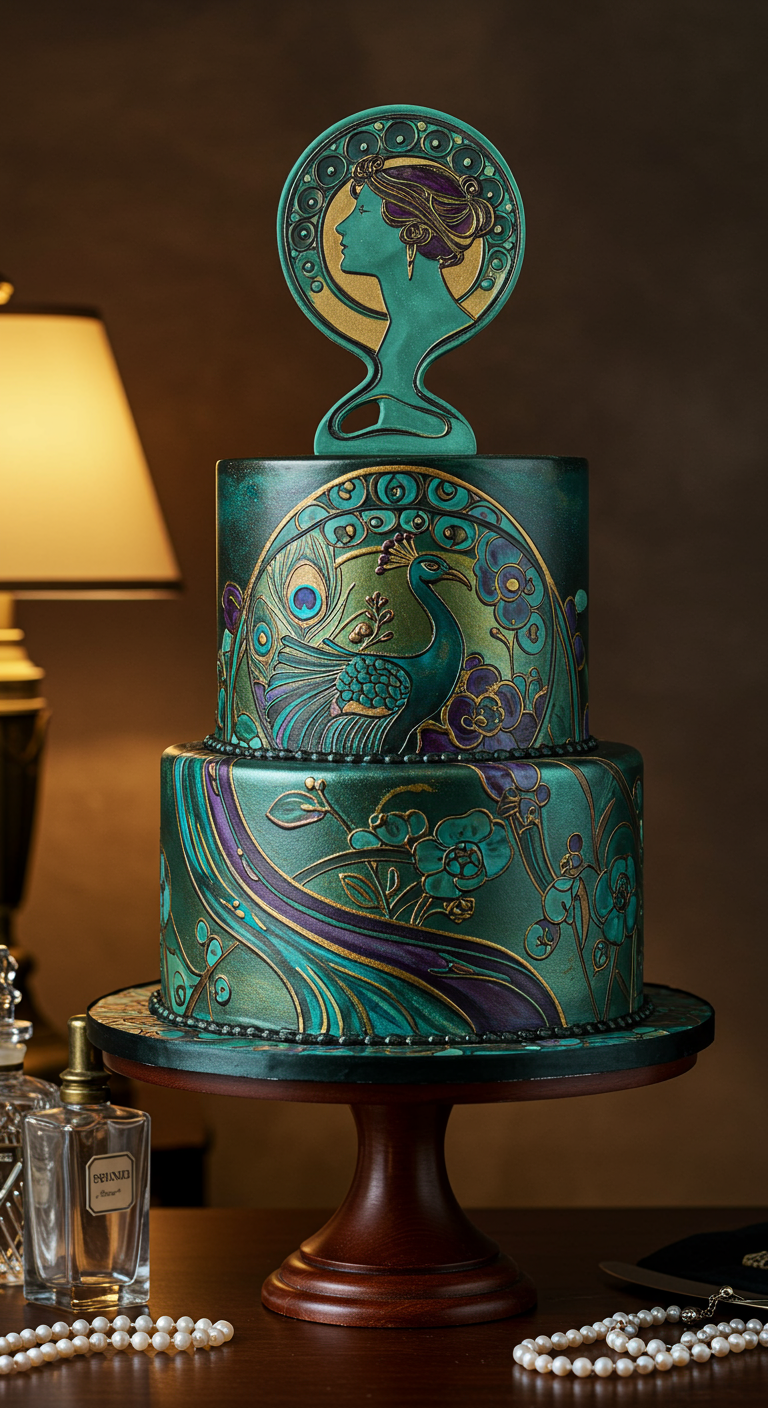 Zweistöckige Jugendstil-Torte mit Pfauenmotiv in Petrol und Gold
