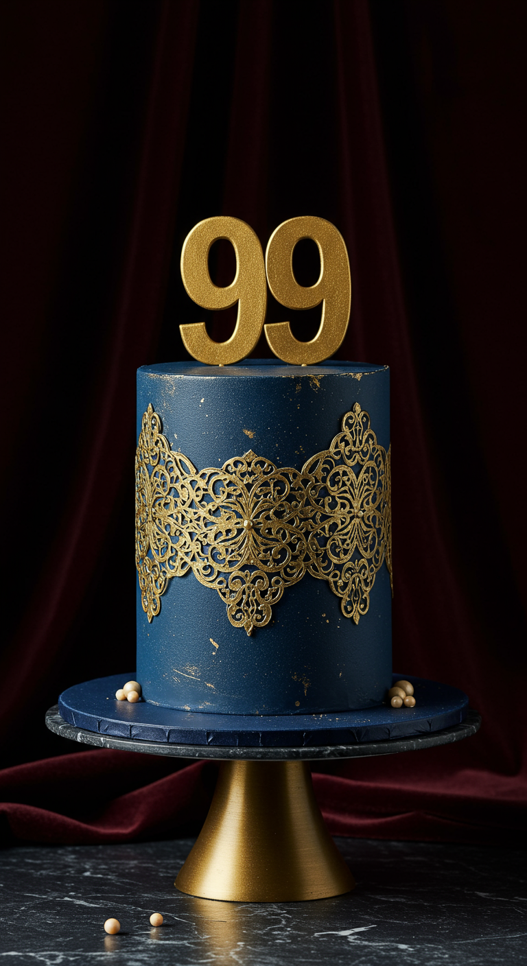 Einstöckige dunkelblaue Torte mit goldenen Ornamenten und goldener 99.