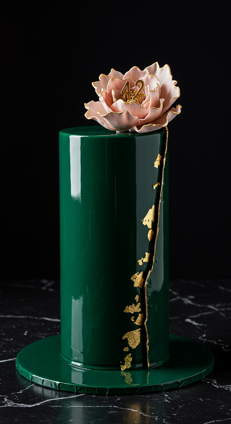 Hohe, dunkelgrüne Torte mit goldenen Rissen (Kintsugi-Stil) und einer rosa Zuckerblume.