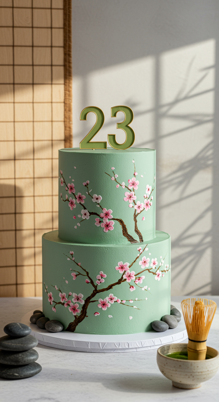 Zweistöckige mintgrüne Torte mit gemalten Kirschblüten und