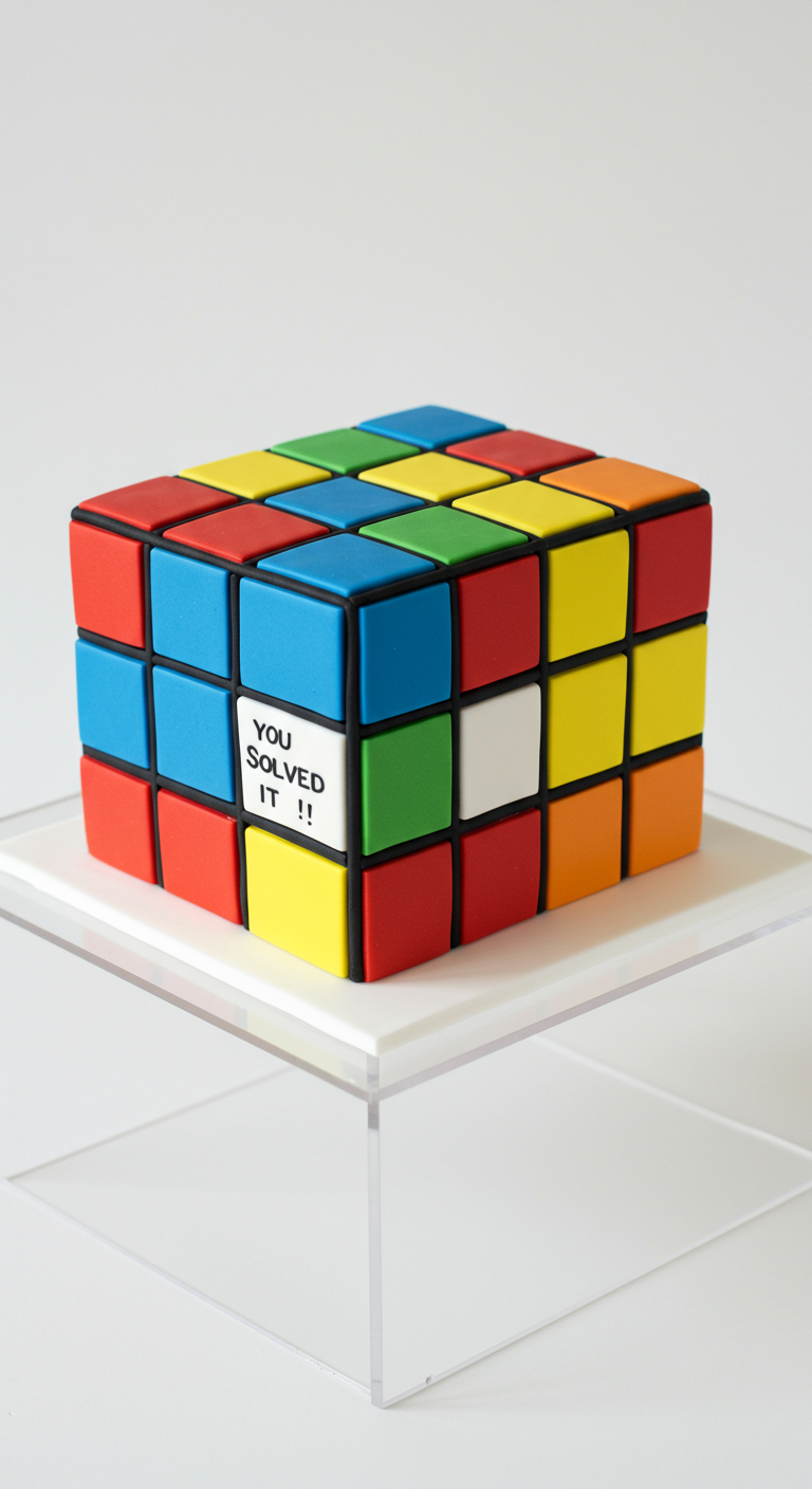 Zauberwürfel-Torte mit bunten Quadraten und einem Feld mit 'YOU SOLVED IT !!' Nachricht