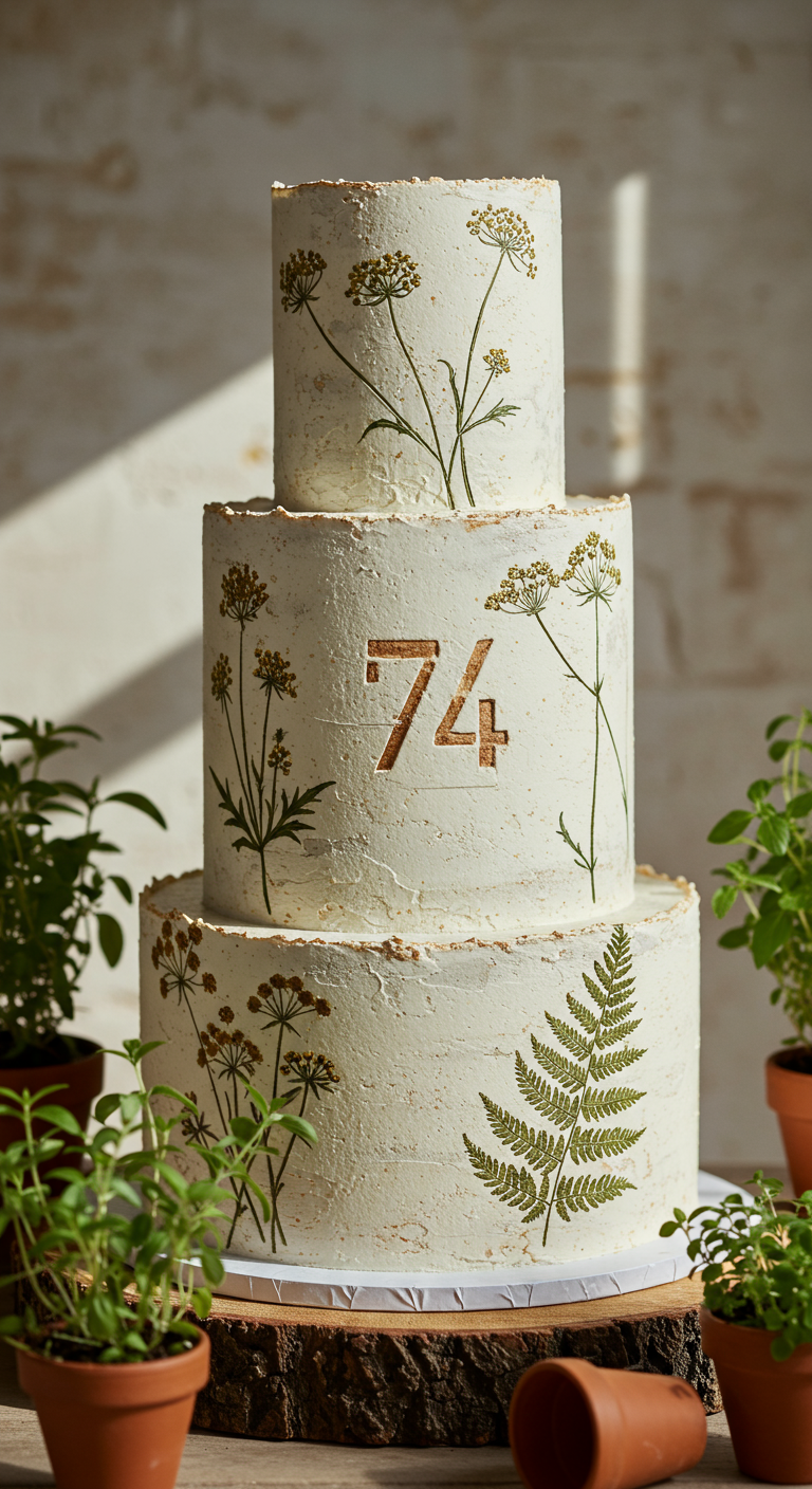 Dreistöckige rustikale Torte mit gepressten Kräutern und Farnen verziert.