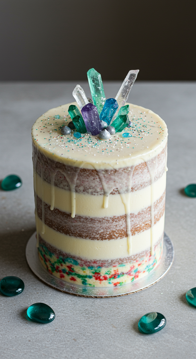 Semi-Naked-Torte mit weißem Drip und bunten Zuckerkristallen.