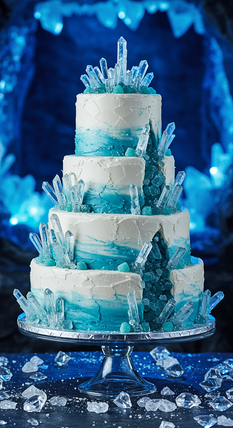 Vierstöckige weiß-blaue Ombré-Torte, geschmückt mit großen, klaren Zuckerkristallen.