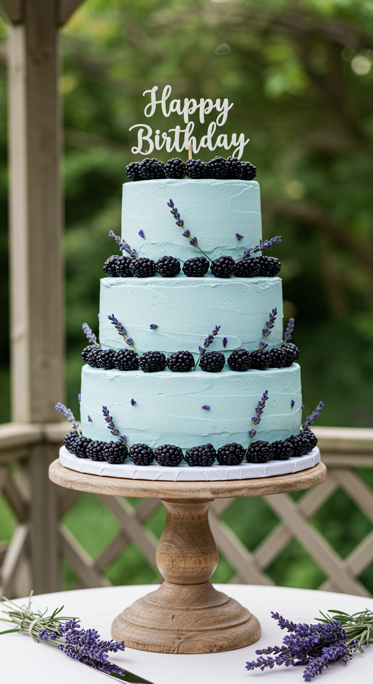Dreistöckige hellblaue Torte, dekoriert mit Brombeeren, Lavendel und