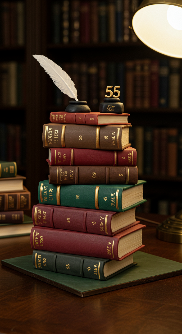Torte in Form eines Bücherstapels mit Federkiel und Tintenfass, auf dem die Zahl 55 steht.