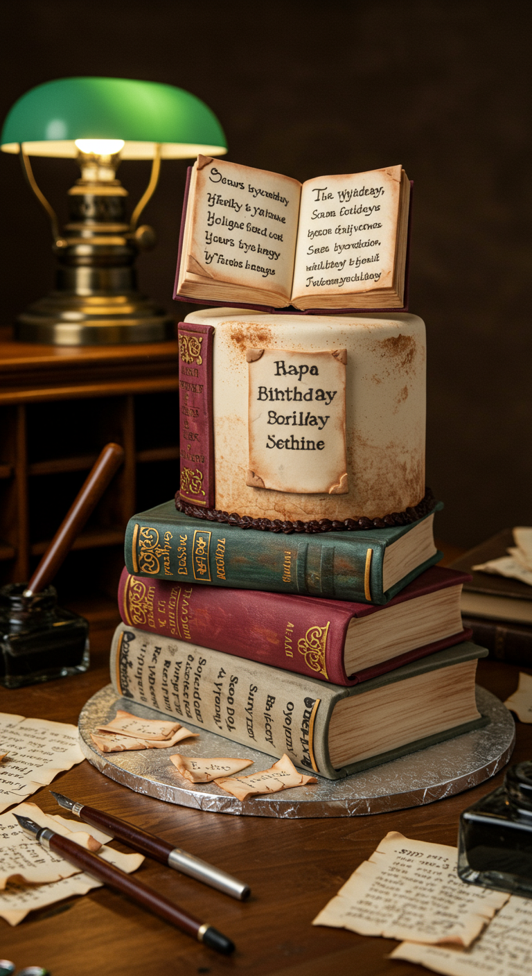 Torte in Form eines Stapels alter Bücher, mit einem aufgeschlagenen Buch als Topper.