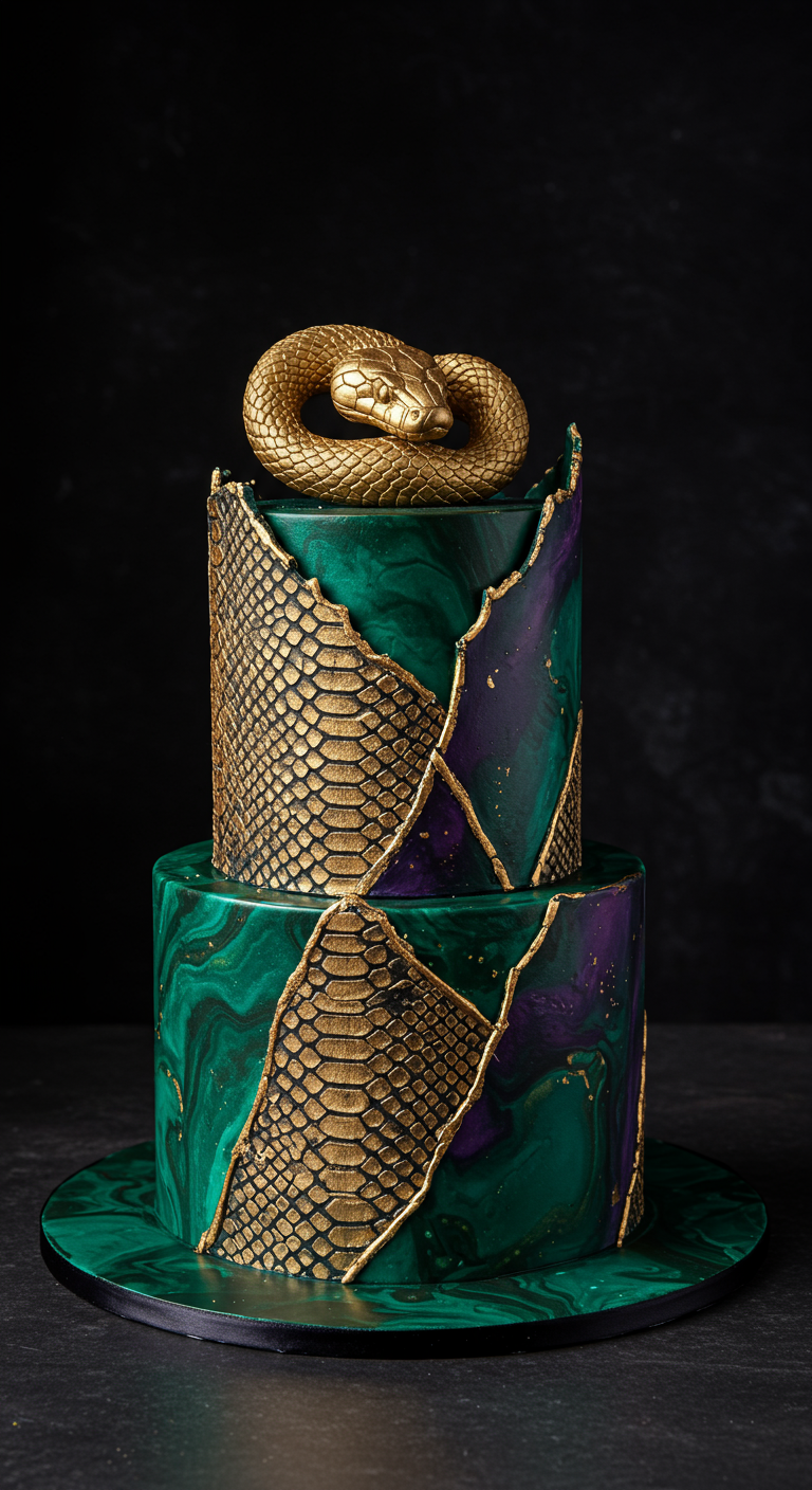 Zweistöckige Torte in grüner Marmor-Optik mit goldenen Schlangenhaut-Details und einer Goldschlange.