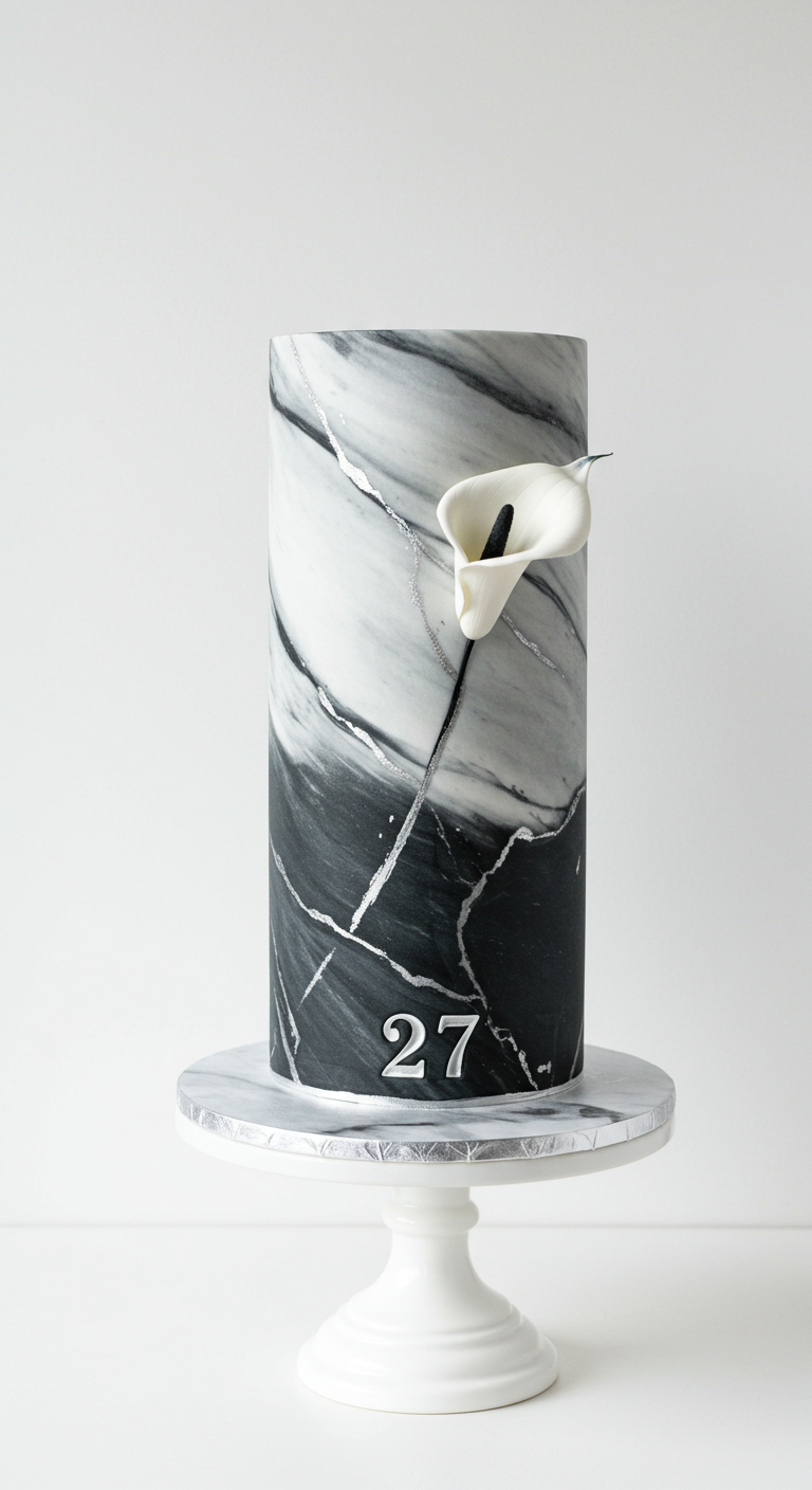 Hohe, zylindrische Torte mit schwarz-weißem Marmoreffekt und Calla-Blüte.