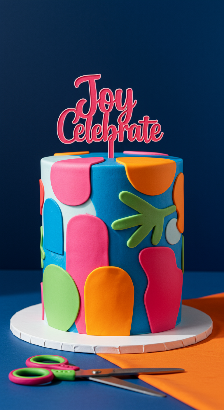 Blaue Torte mit bunten, organisch geformten Fondant-Cut-Outs in Pink, Orange, Grün.