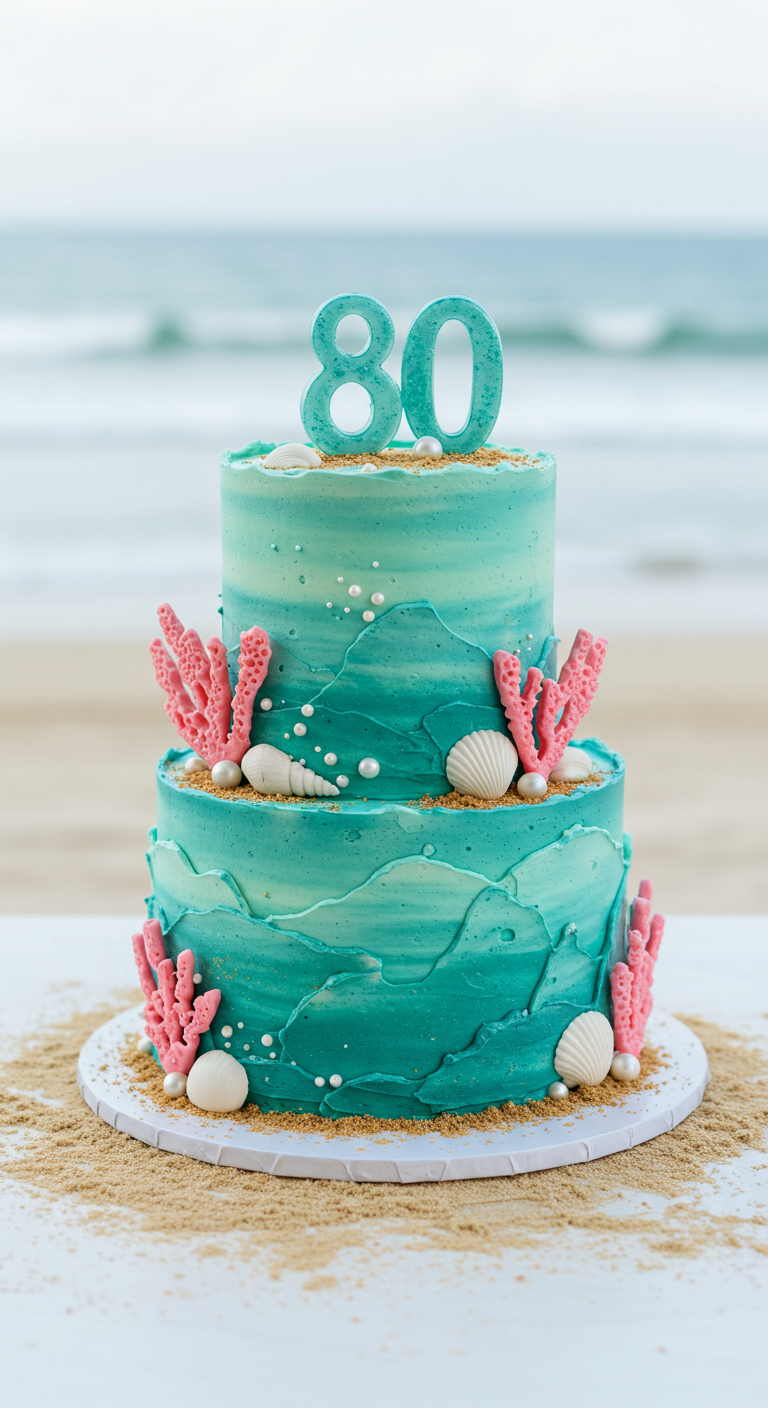 Zweistöckige türkisfarbene Torte im Meeresdesign mit Korallen und Muscheln.