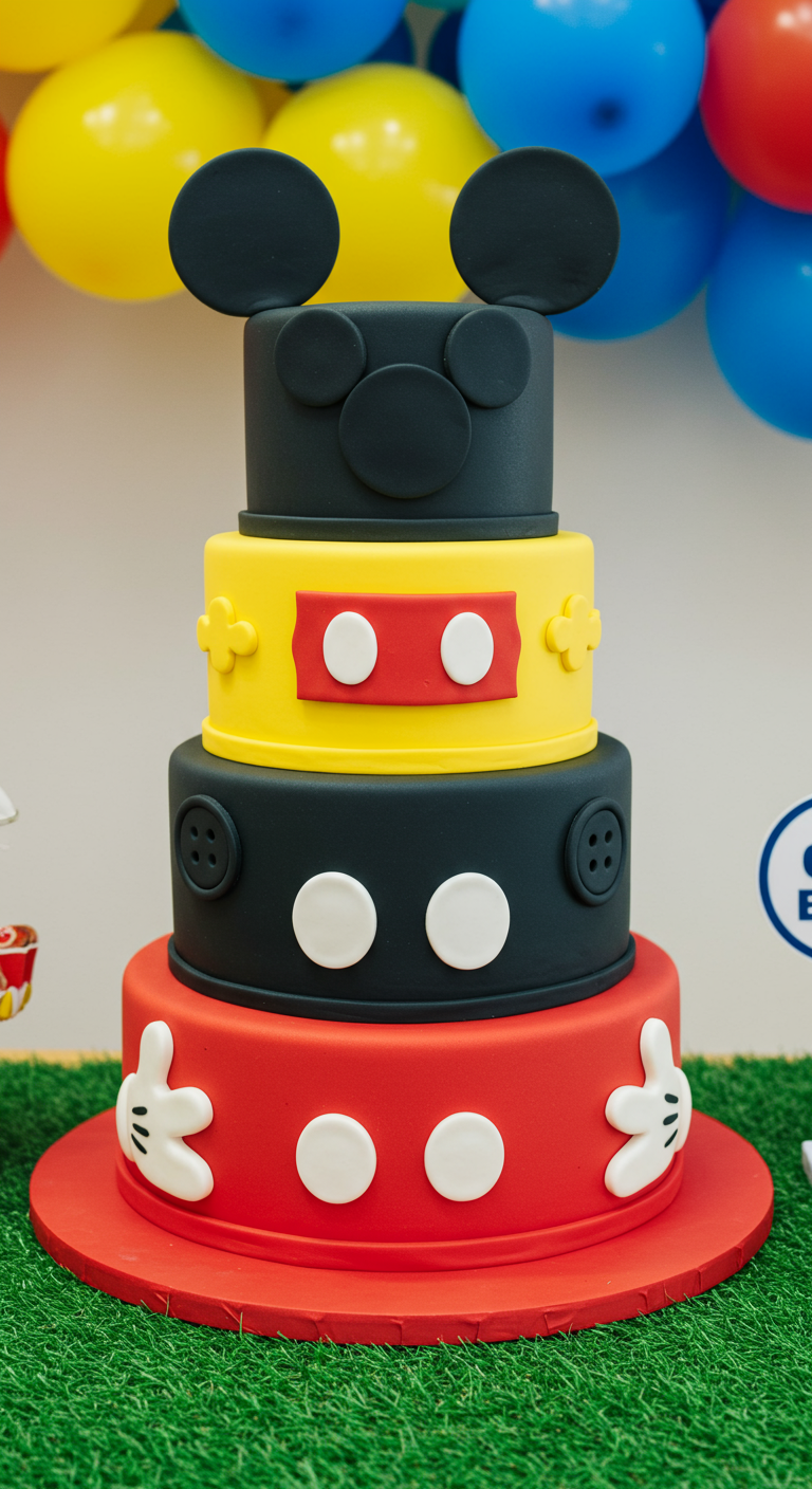 Vierstöckige Micky Maus Torte in Rot, Schwarz, Gelb und Weiß.