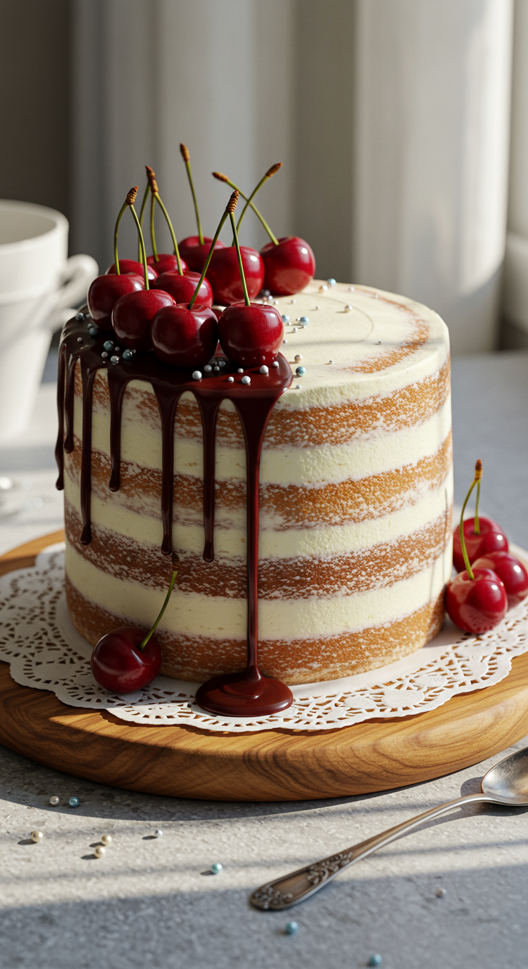 Naked Cake mit Schokodrip und frischen Kirschen.