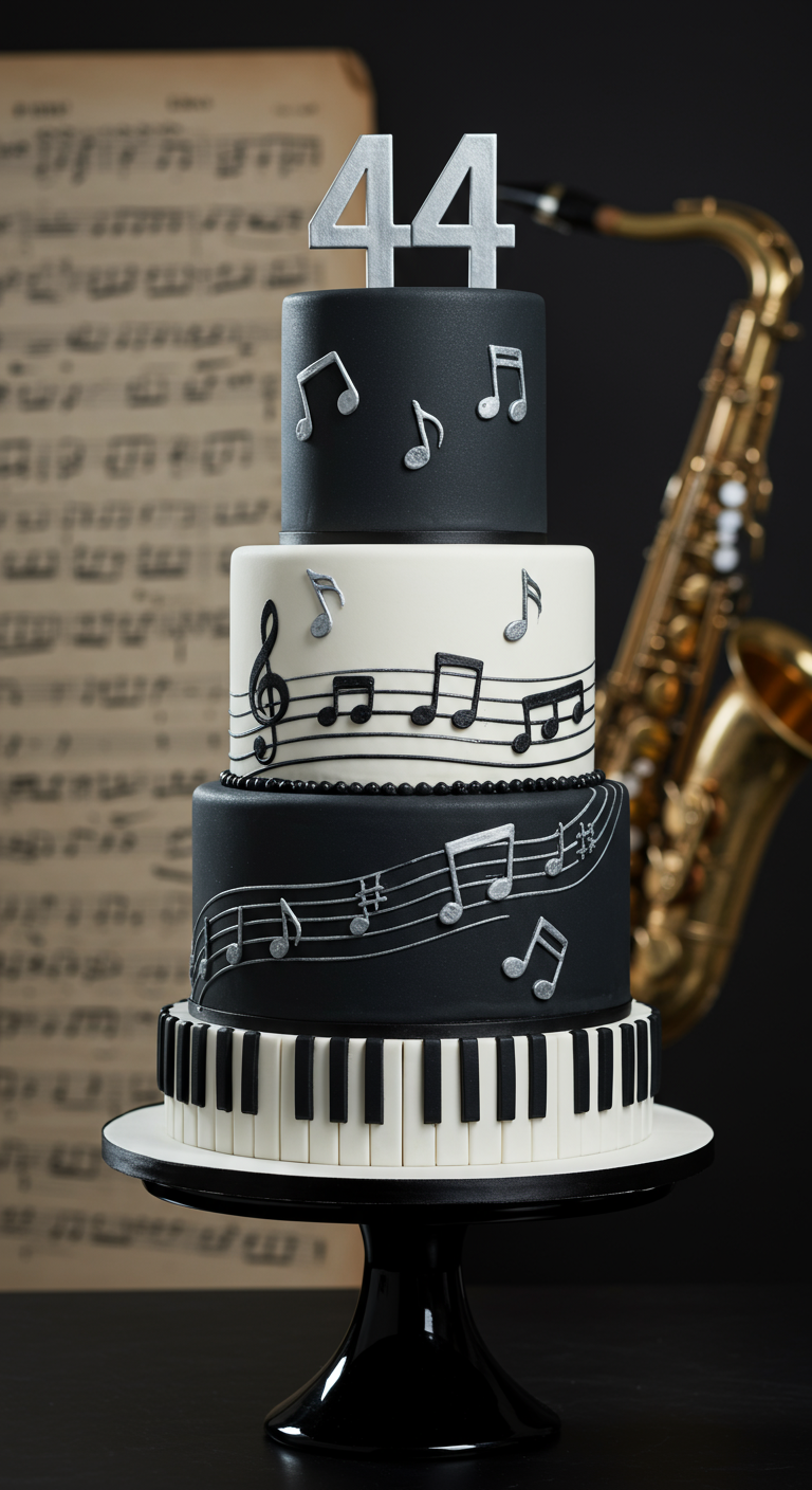 Mehrstöckige Torte in Schwarz-Weiß mit Klaviertastatur, Notenlinien und Musiknoten.