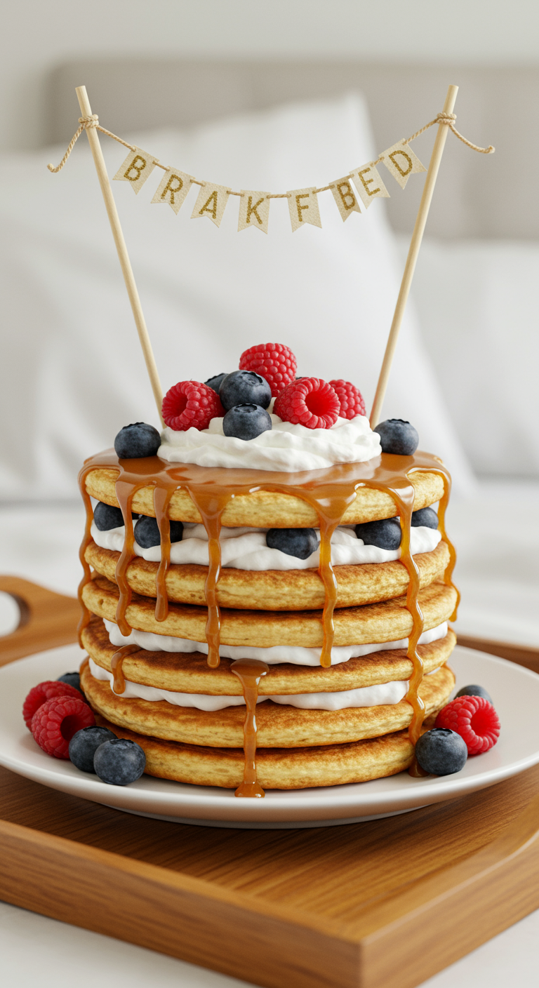 Pancake-Stapel als Torte mit Karamell, Sahne und Beeren.