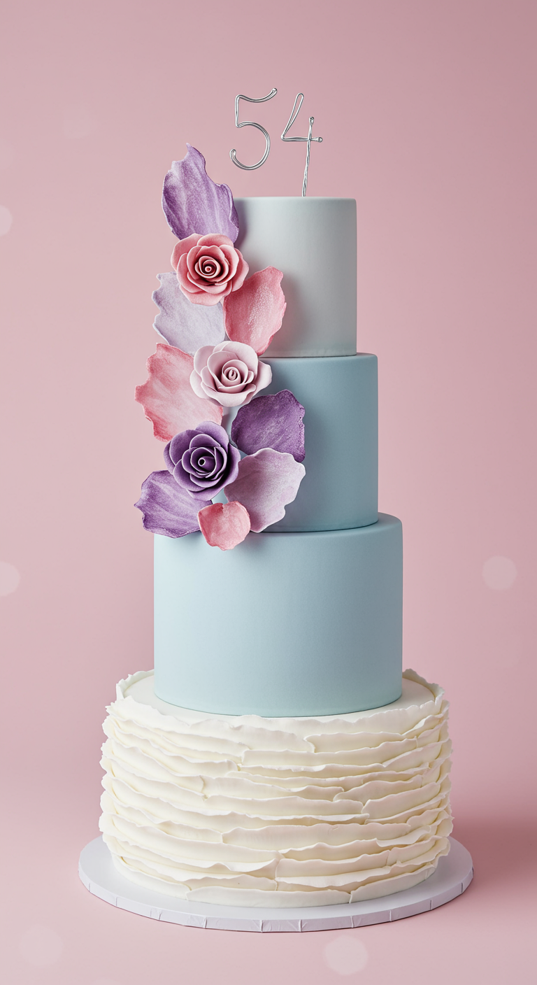 Vierstöckige Torte: untere Etage weiße Rüschen, obere drei glatt hellblau, dekoriert mit rosa/lila Blüten und