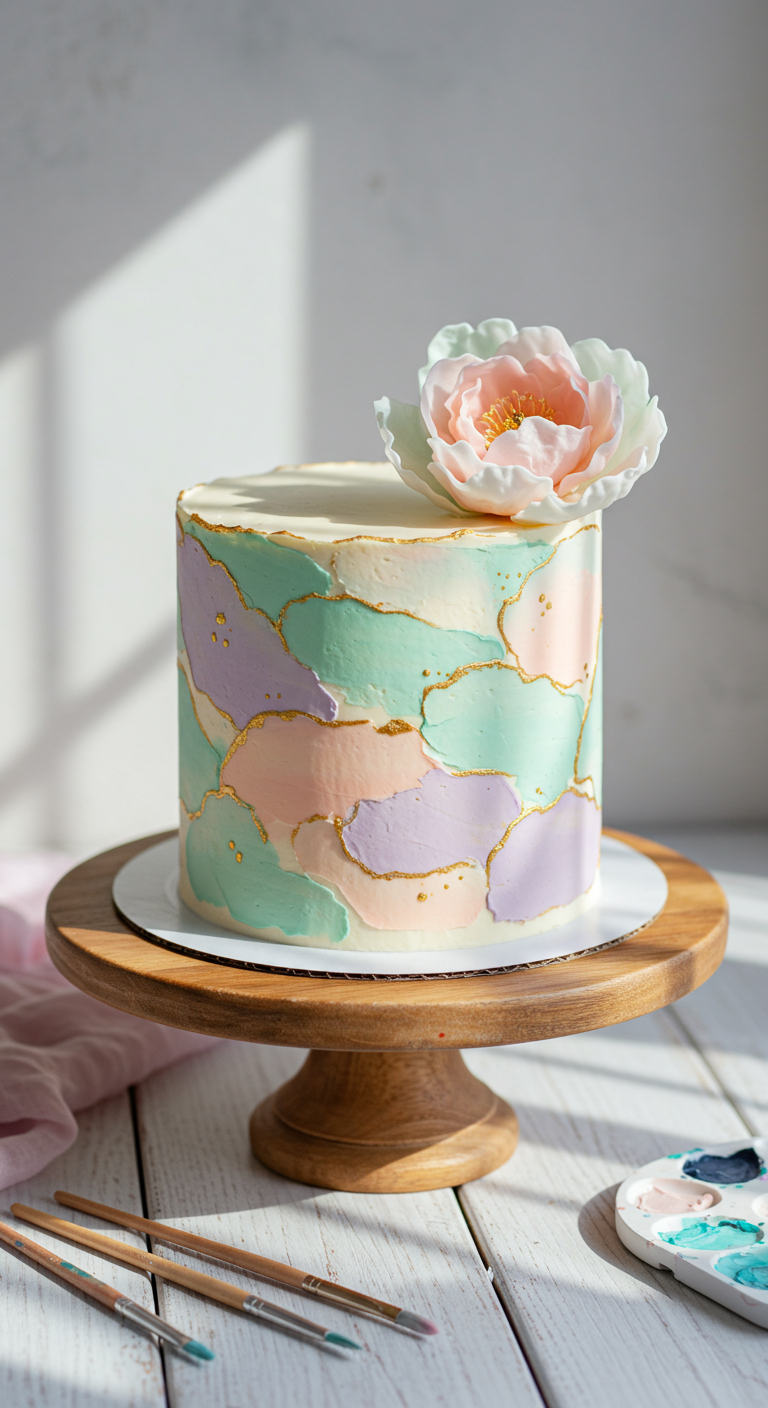 Einstöckige Torte mit pastellfarbenen Buttercreme-Flecken und goldenen Konturen.