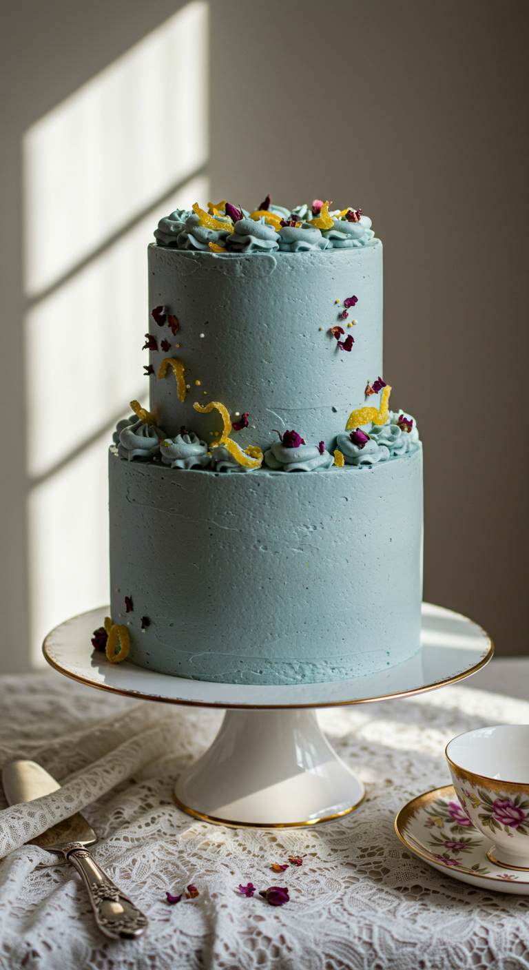Zweistöckige hellblaue Torte mit gelben Knusperelementen und Rosenblättern.