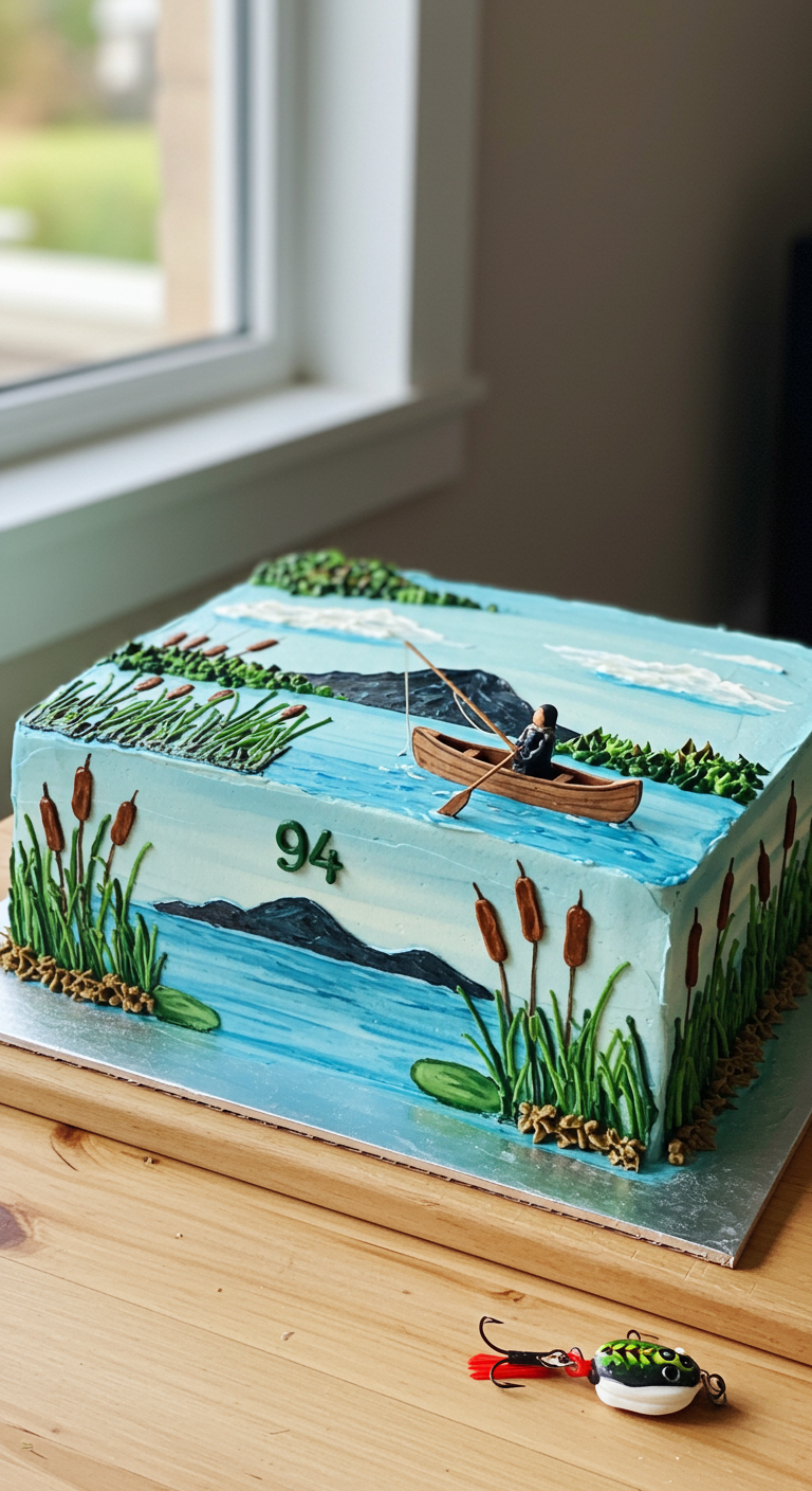 Rechteckiger Kuchen mit einer detaillierten Anglerszene auf einem See.