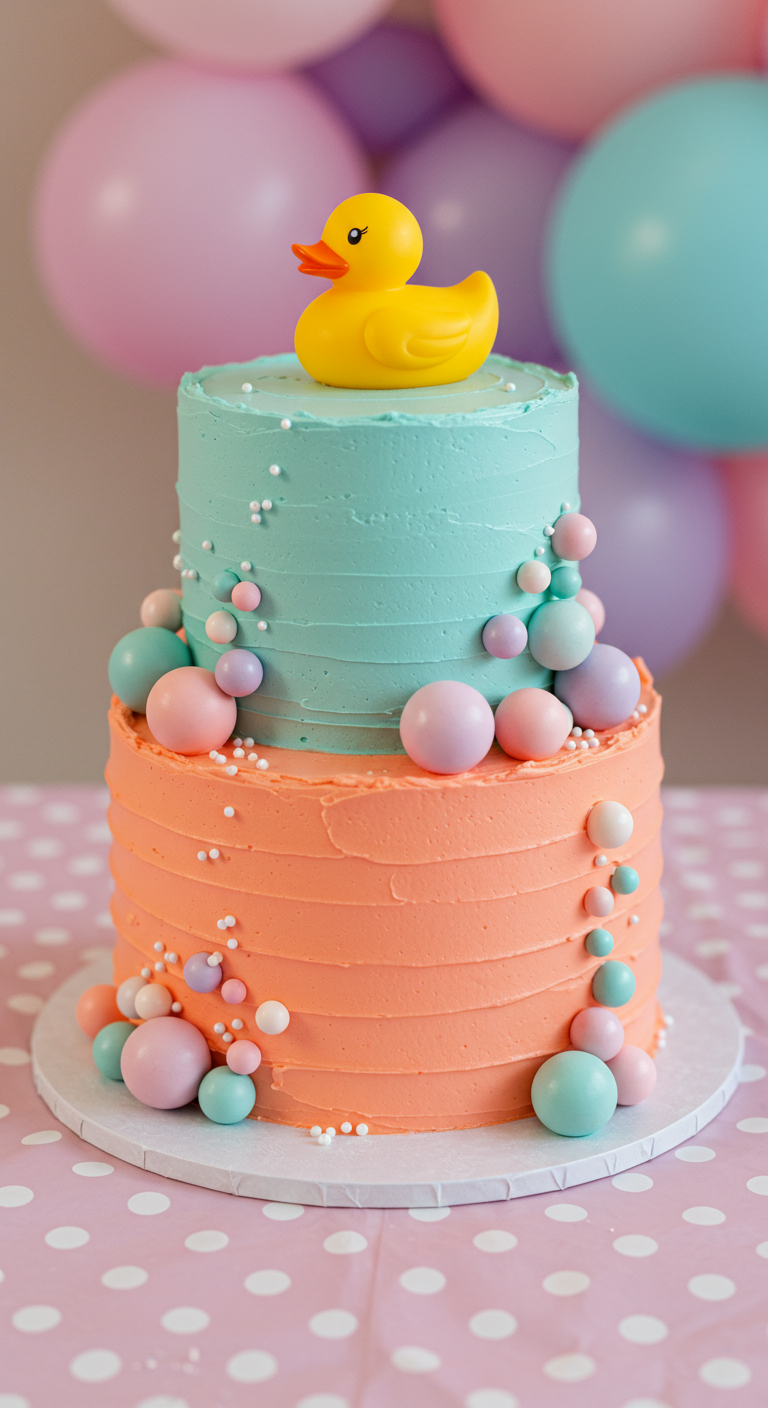 Zweistöckige Torte in Mint und Pfirsich mit Quietscheente und pastellfarbenen Kugeln.