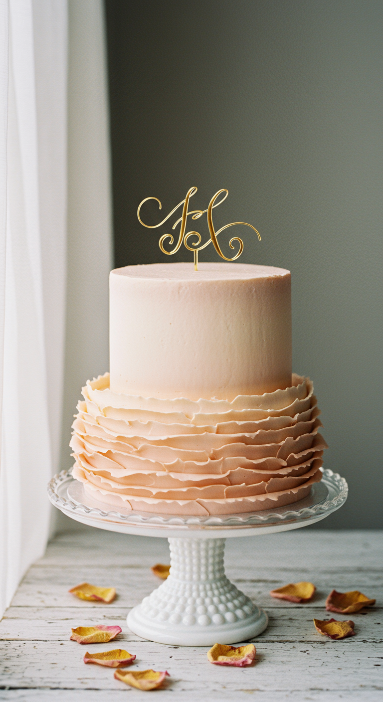 Zweistöckige Torte in zartem Pfirsich, untere Etage mit Buttercreme-Rüschen verziert.