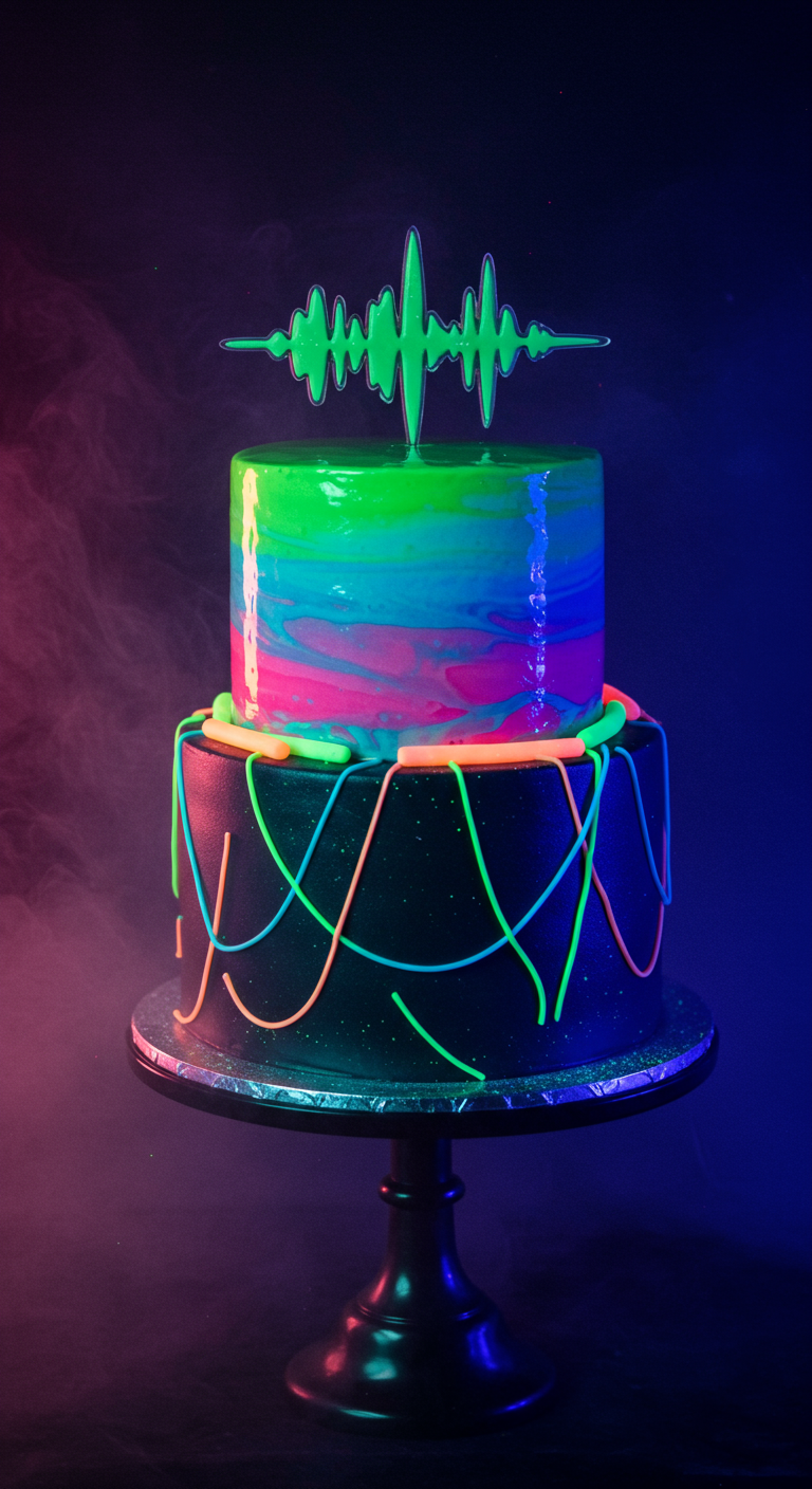 Zweistöckige Torte mit Neon-Linien auf Schwarz und leuchtenden Farben.
