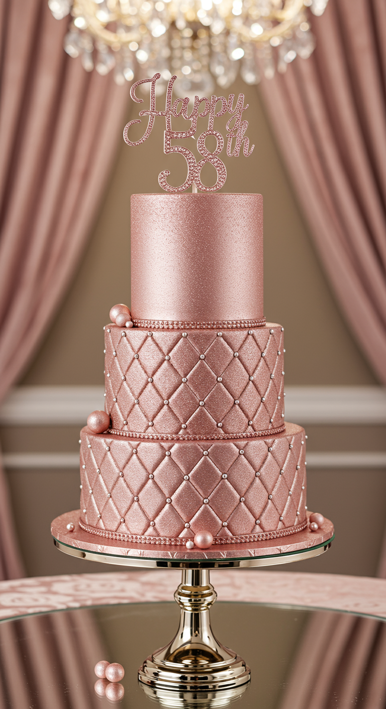 Dreistöckige Torte in schimmerndem Roségold mit Rautenmuster und Perlen.