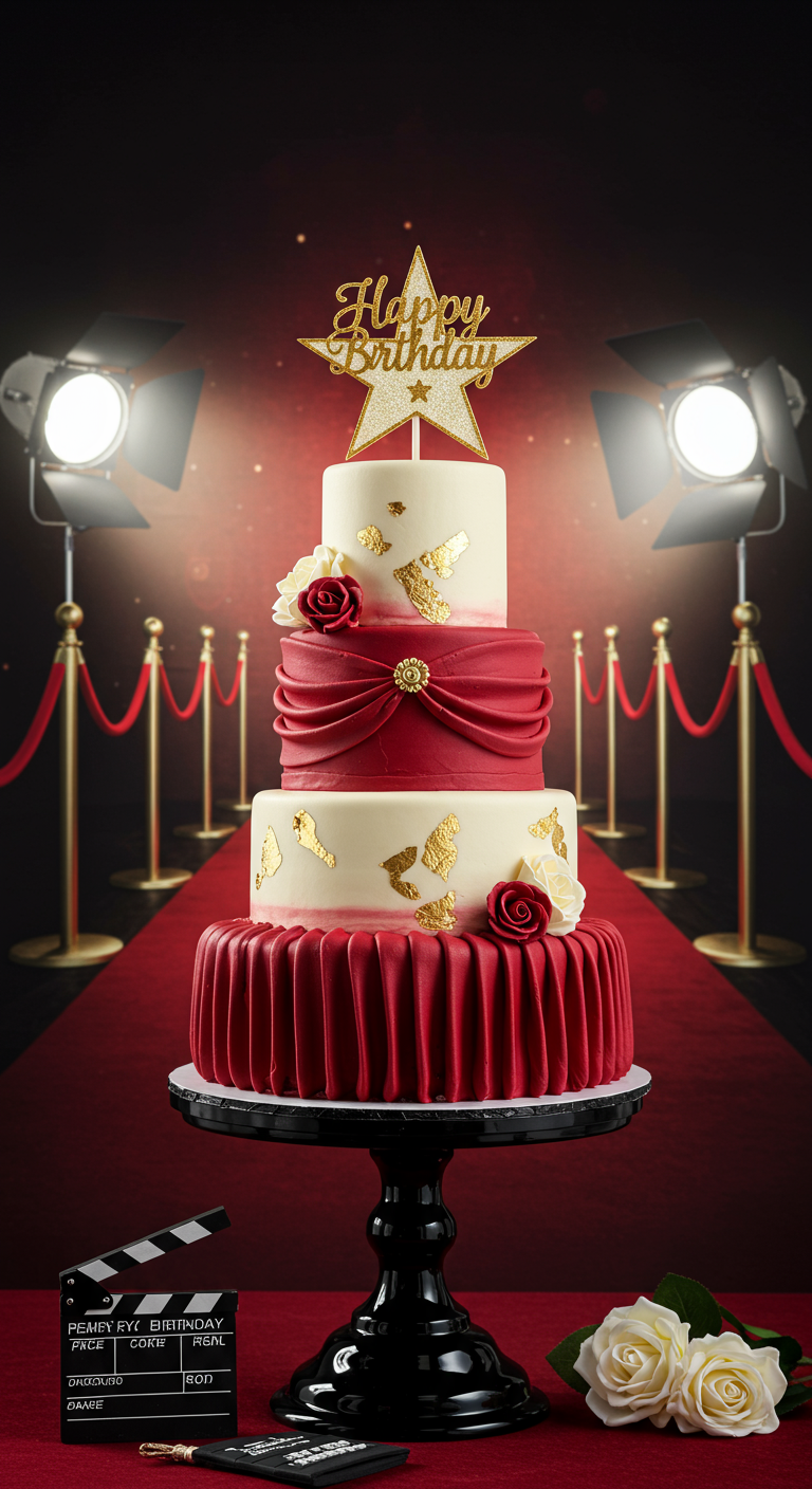 Mehrstöckige Torte mit rotem Teppich-Look, Goldakzenten, Rosen und Film-Spotlights.