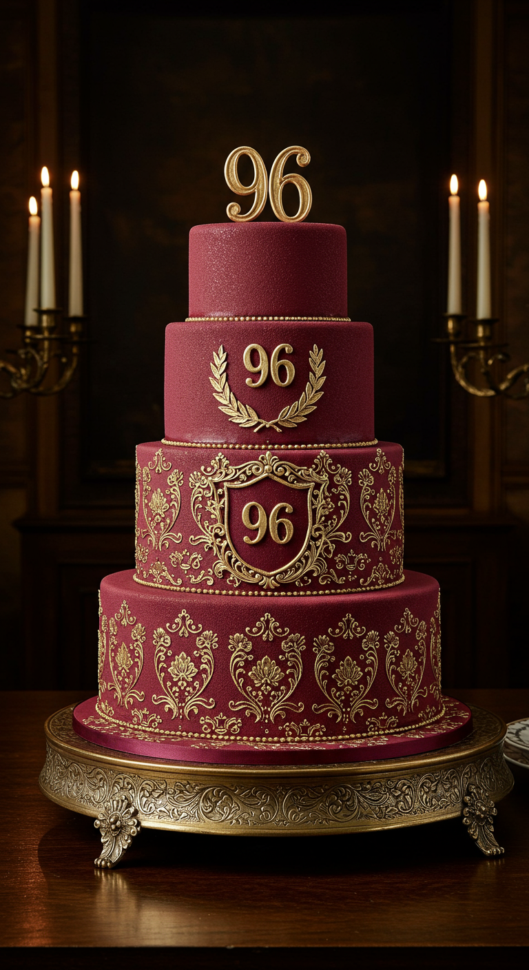 Mehrstöckige bordeauxrote Torte mit goldenen Ornamenten und der Zahl 96.