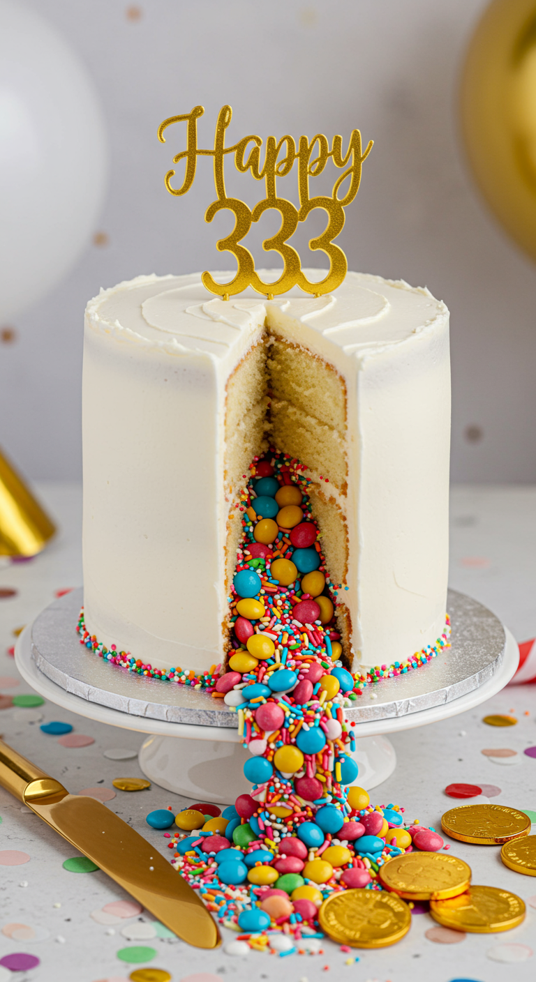 Angeschnittene weiße Torte mit bunten Schokolinsen innen, 'Happy 333' Topper.