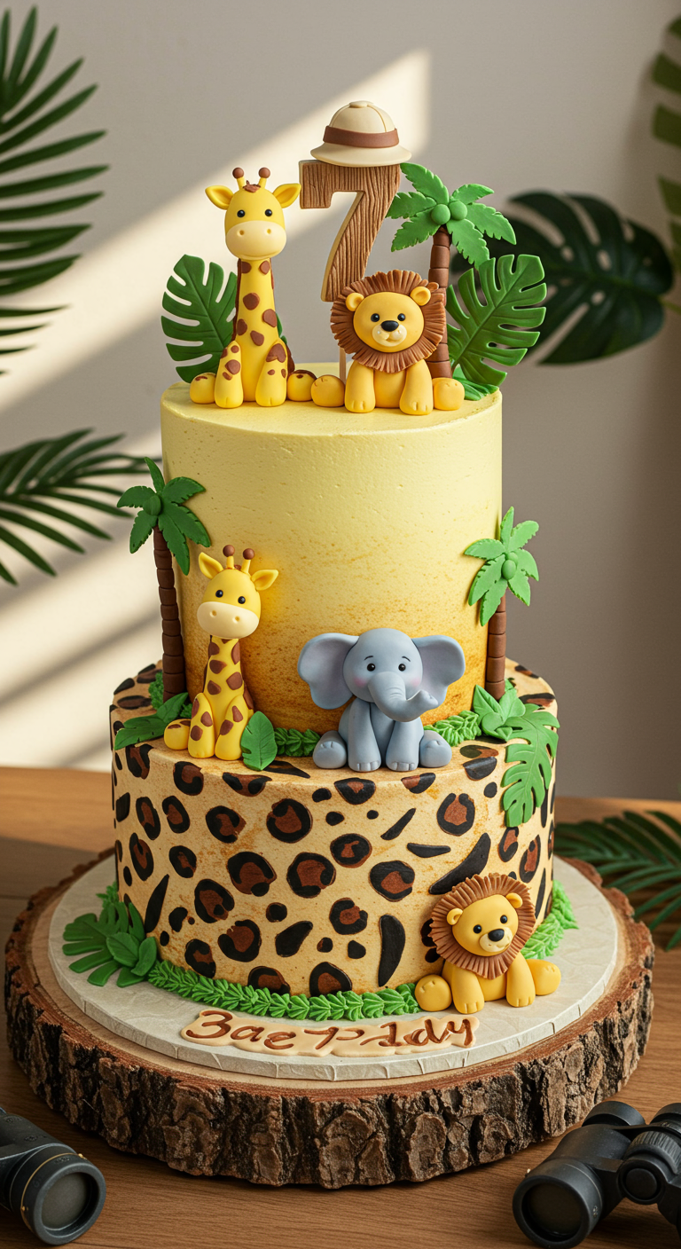 Zweistöckige Safari-Torte mit Tierfellmuster und niedlichen Tierfiguren.