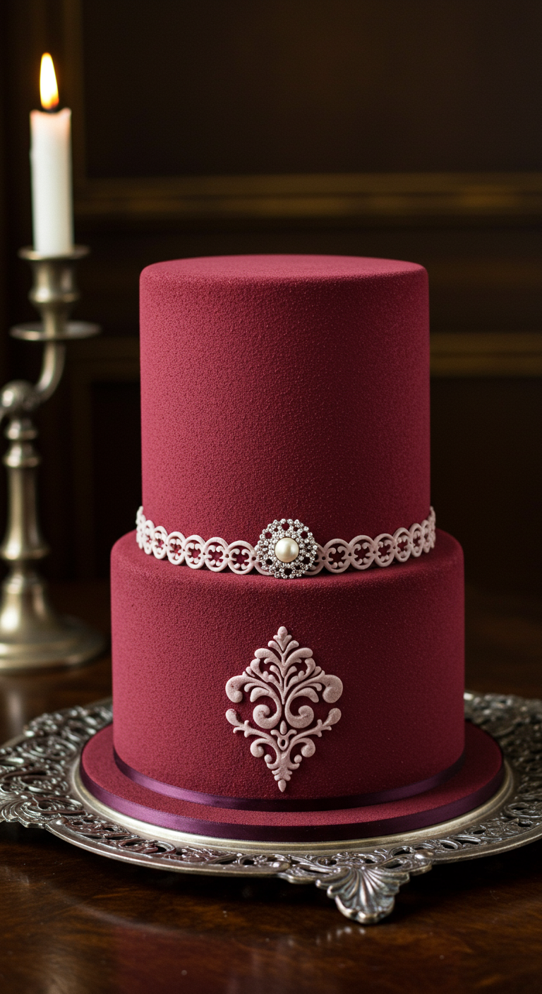 Zweistöckige, dunkelrote Torte in Samt-Optik mit weißen Zuckerornamenten und Perle.