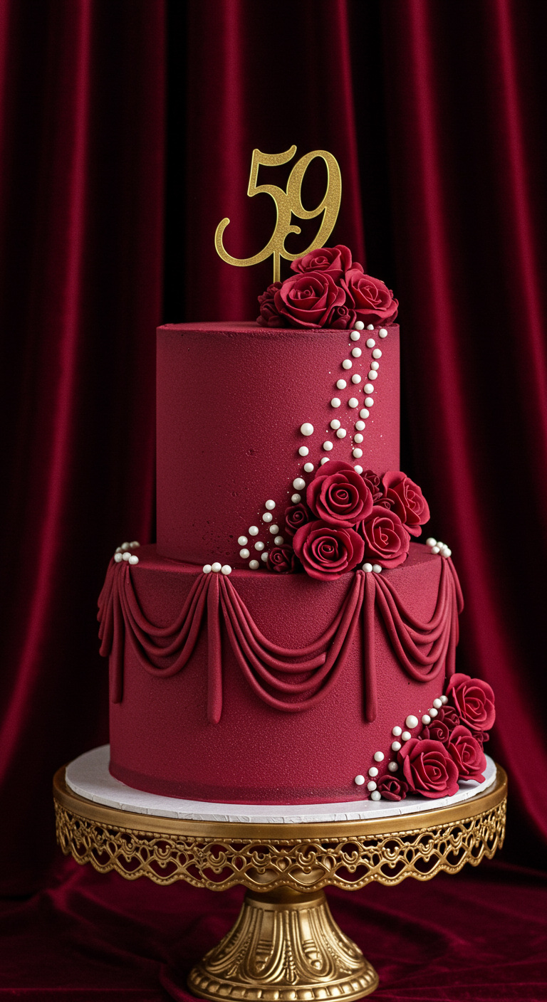 Zweistöckige, bordeauxrote Torte mit Zuckerrosen, Drapierungen und '59' Topper.