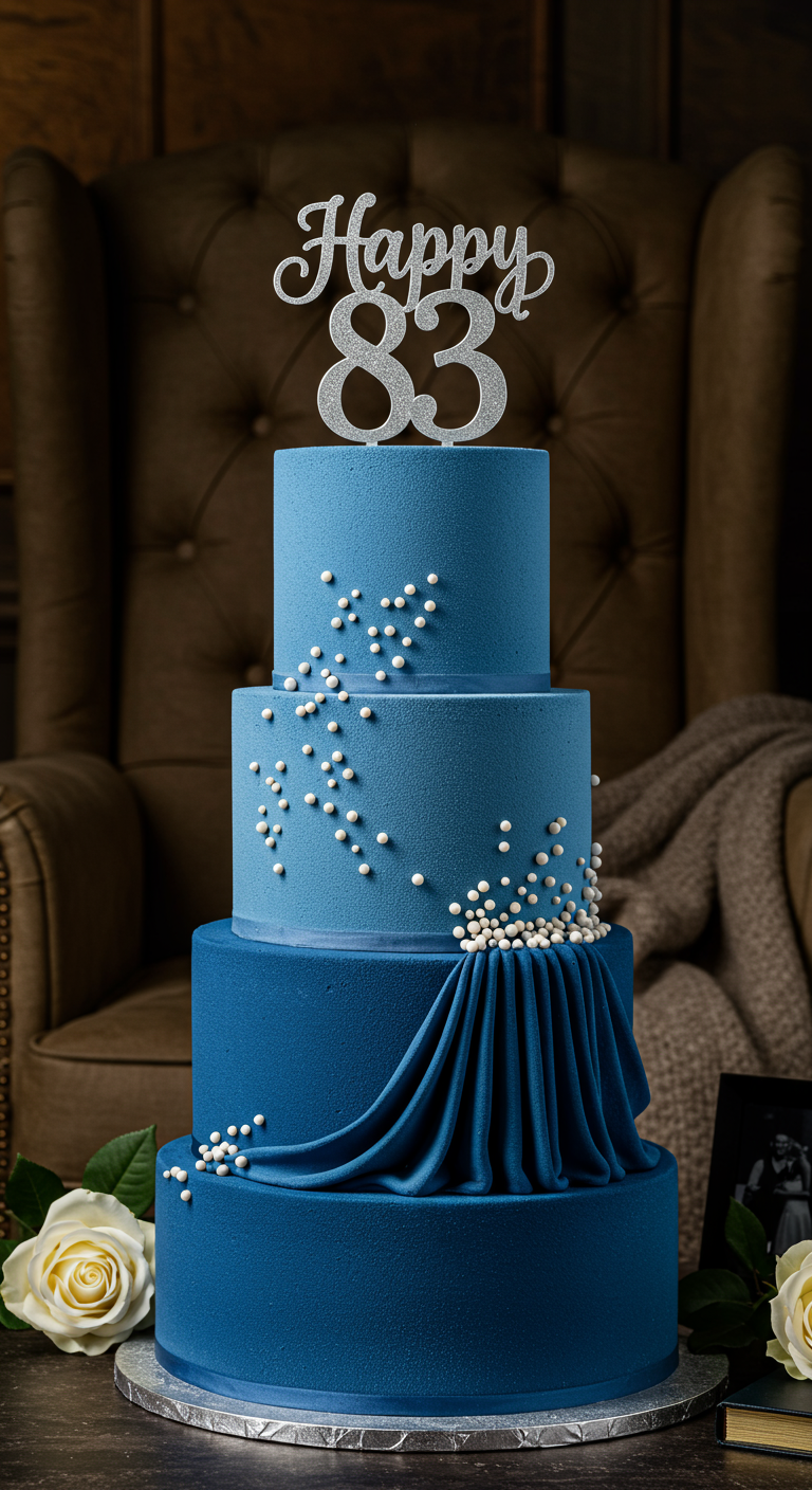 Dreistöckige mitternachtsblaue Torte mit Samt-Textur, Zuckerperlen und einem drapierten Fondant-Element.