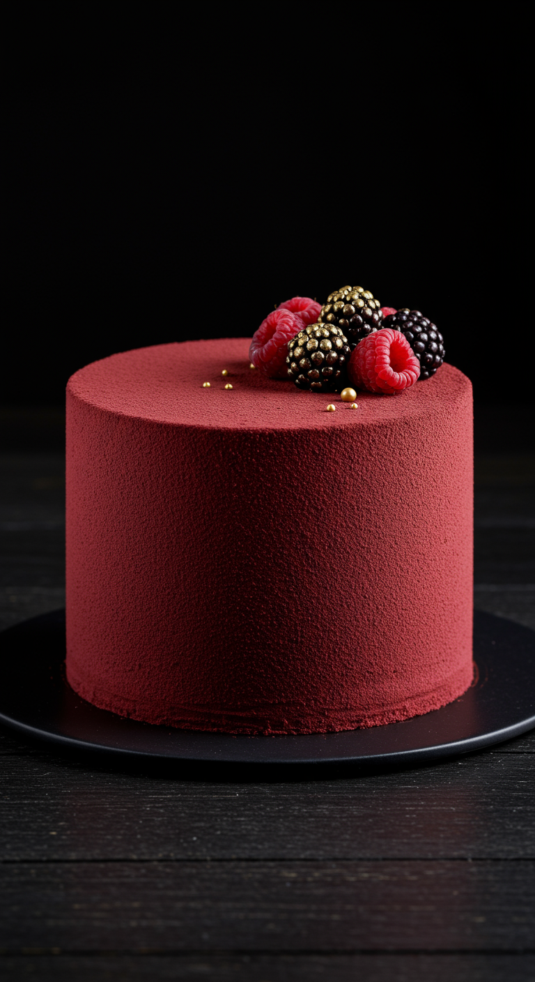 Rote Samt-Torte mit frischen Himbeeren, Brombeeren und goldenen Perlen.