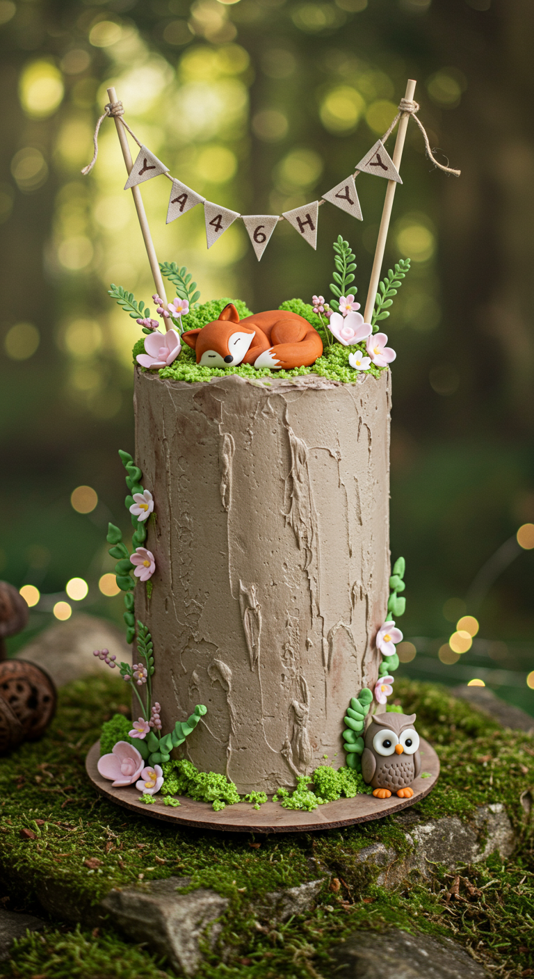Hohe Baumstamm-Torte mit schlafendem Fuchs, Eule und Wimpelkette.