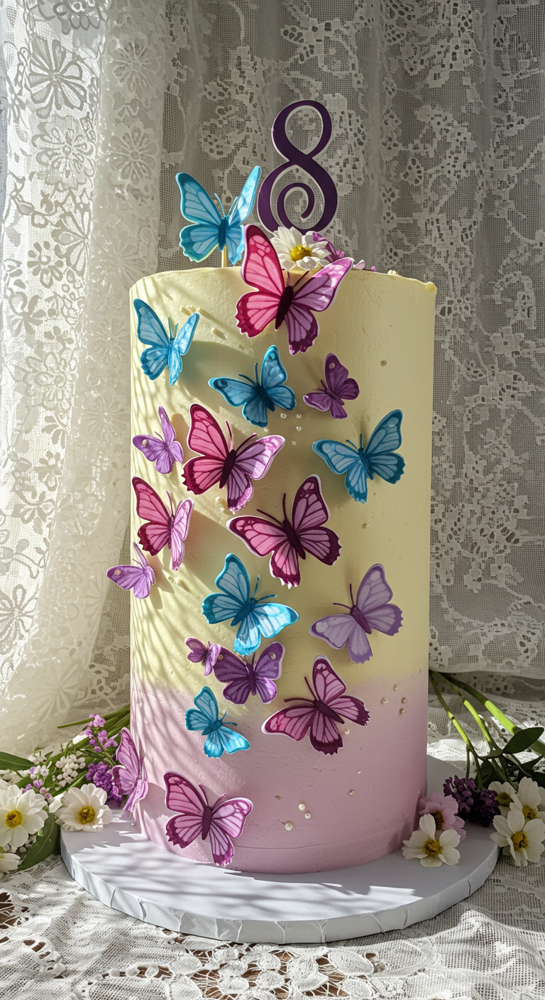 Hohe Torte mit gelb-rosa Ombré und vielen bunten Schmetterlingen aus Esspapier