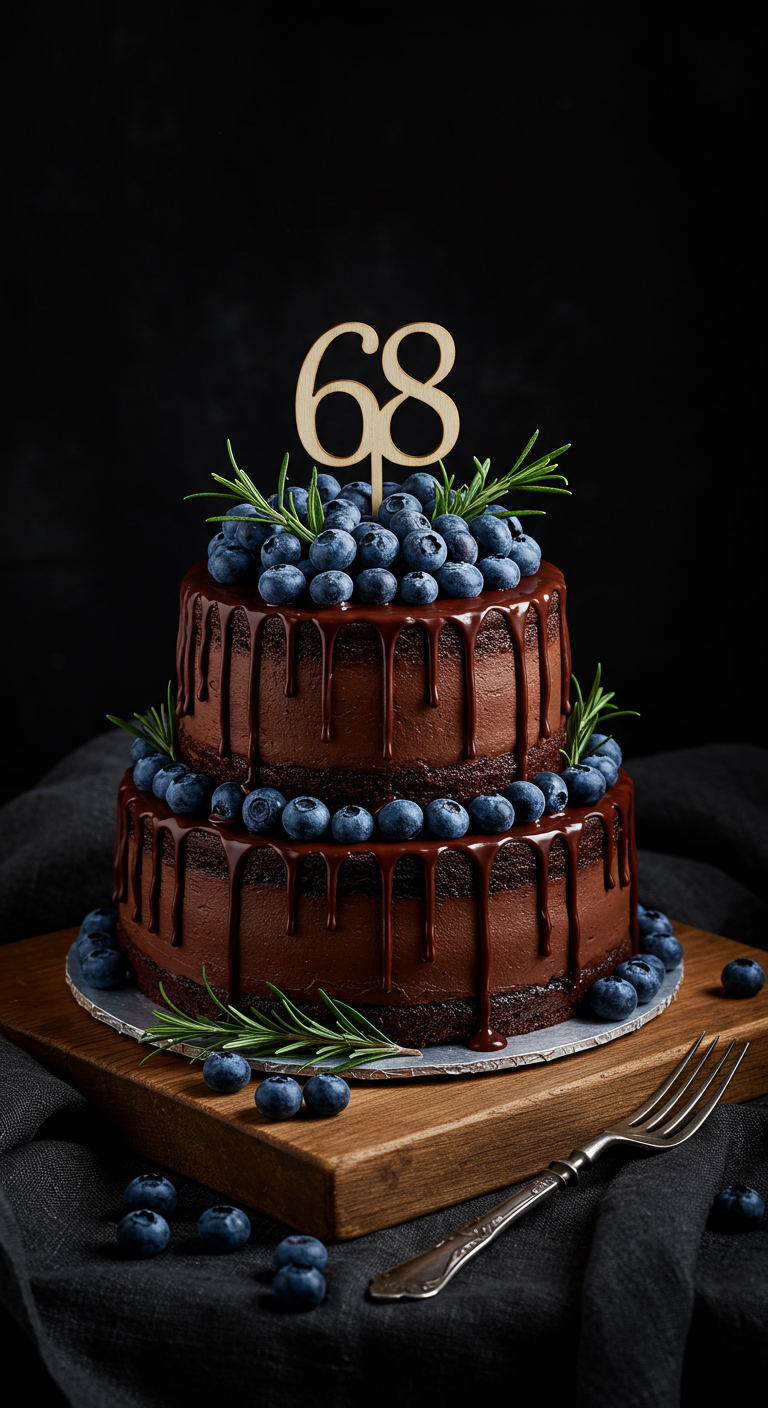 Zweistöckige Schokotorte mit Blaubeeren, Schokodrip, Rosmarin und
