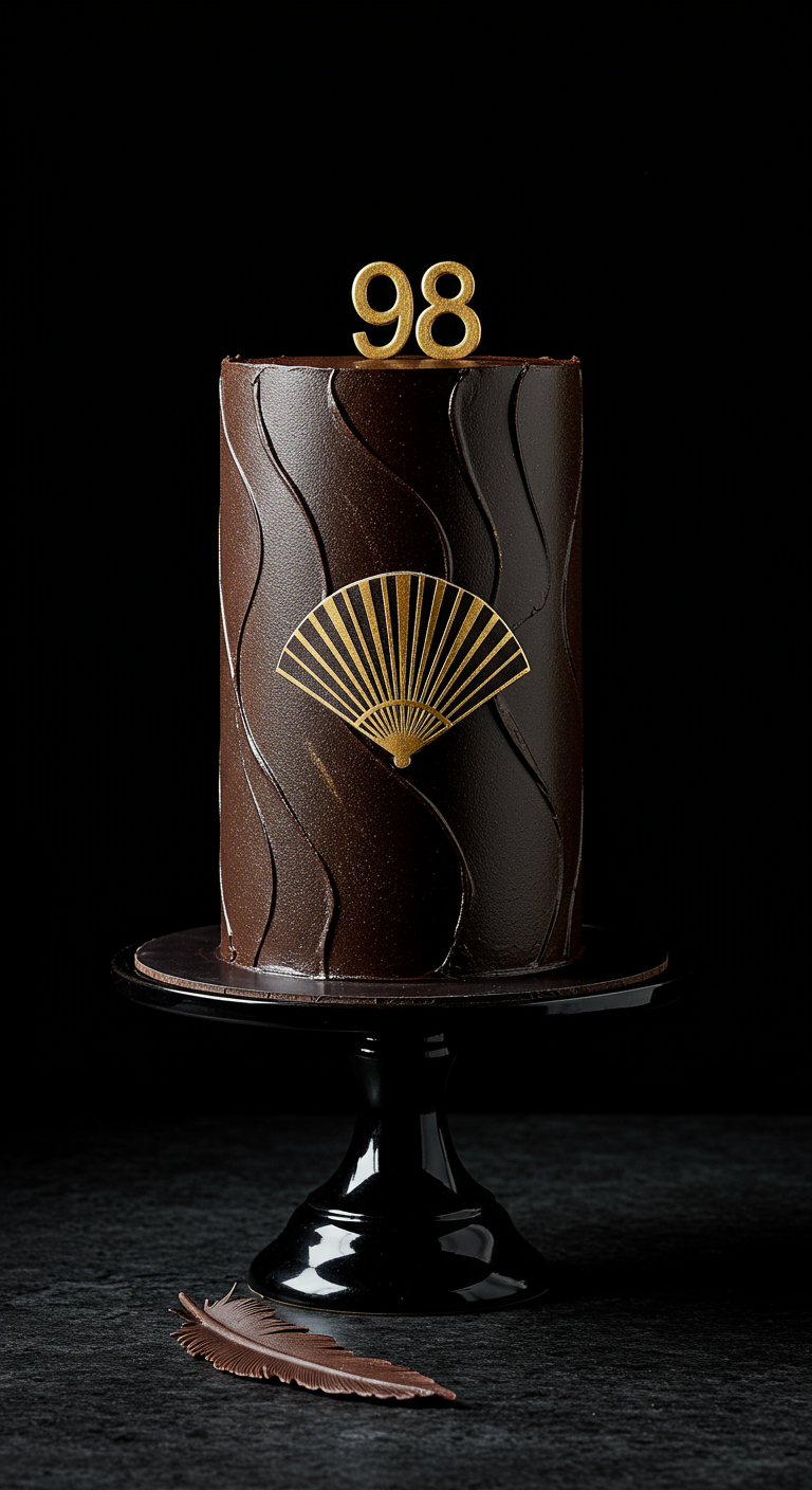 Dunkle Schokotorte mit Wellenstruktur, Goldfächer und Zahl 98.