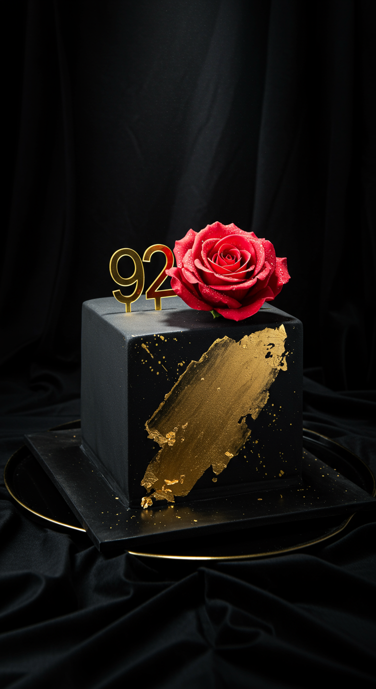 Schwarze quadratische Torte mit goldenem Pinselstrich und roter Rose.