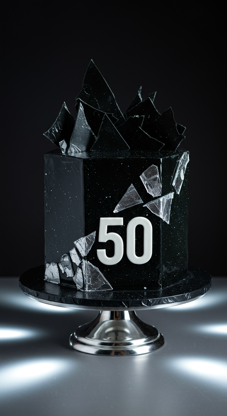 Schwarze quadratische Torte mit silbernen Zuckersplittern und weißer '50'.
