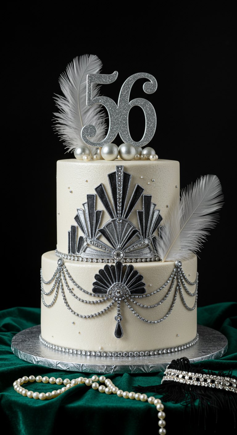 Zweistöckige weiße Torte im Art-Déco-Stil mit silbernen und schwarzen Ornamenten, Perlen und Federn.